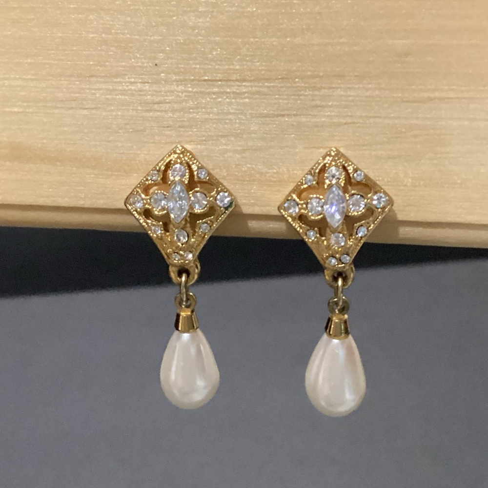 Napier Gold-Tone Crystal and Pearl Teardrop Earrings